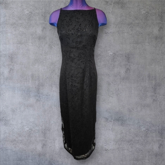 Vintage Y2K Alyn Paige Black Flocked Glitter High Neck Maxi‎ Dress Size Small - Picture 1 of 10